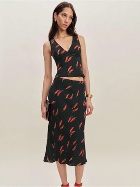 Reformation Black Midi Skirt with Red Chili Print